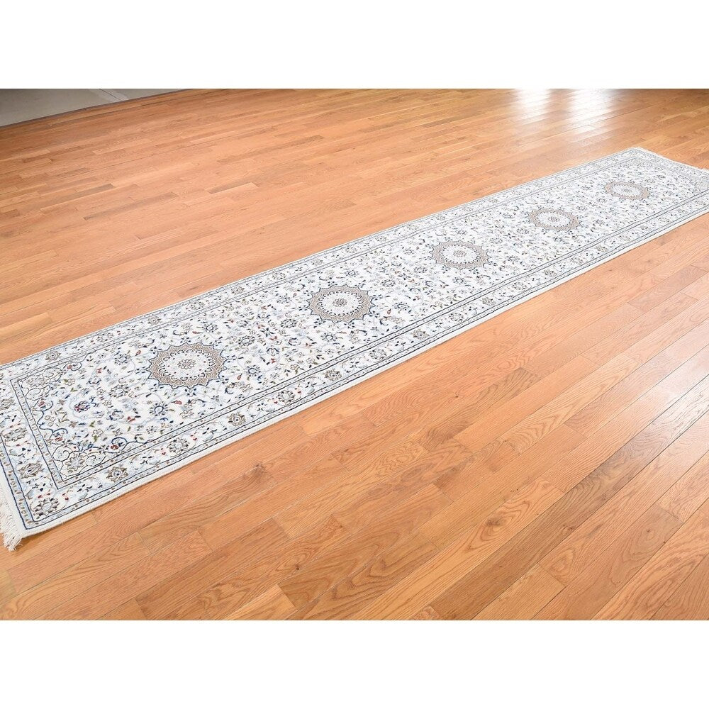 Shahbanu Rugs Wool And Silk 250 KPSI Ivory Nain Hand-Knotted Oriental Runner Rug (2'7" x 12'0") - 2'7" x 12'0"