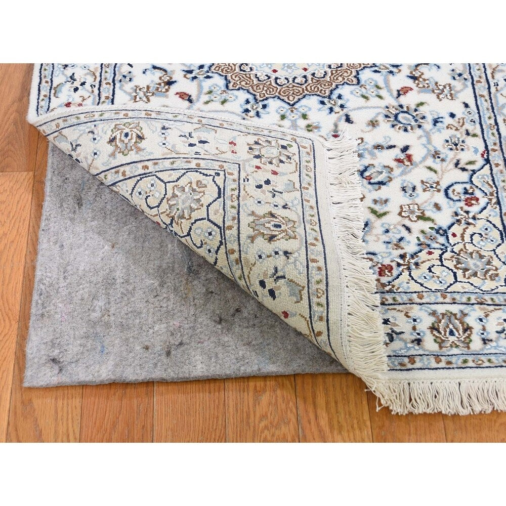 Shahbanu Rugs Wool And Silk 250 KPSI Ivory Nain Hand-Knotted Oriental Runner Rug (2'7" x 12'0") - 2'7" x 12'0"