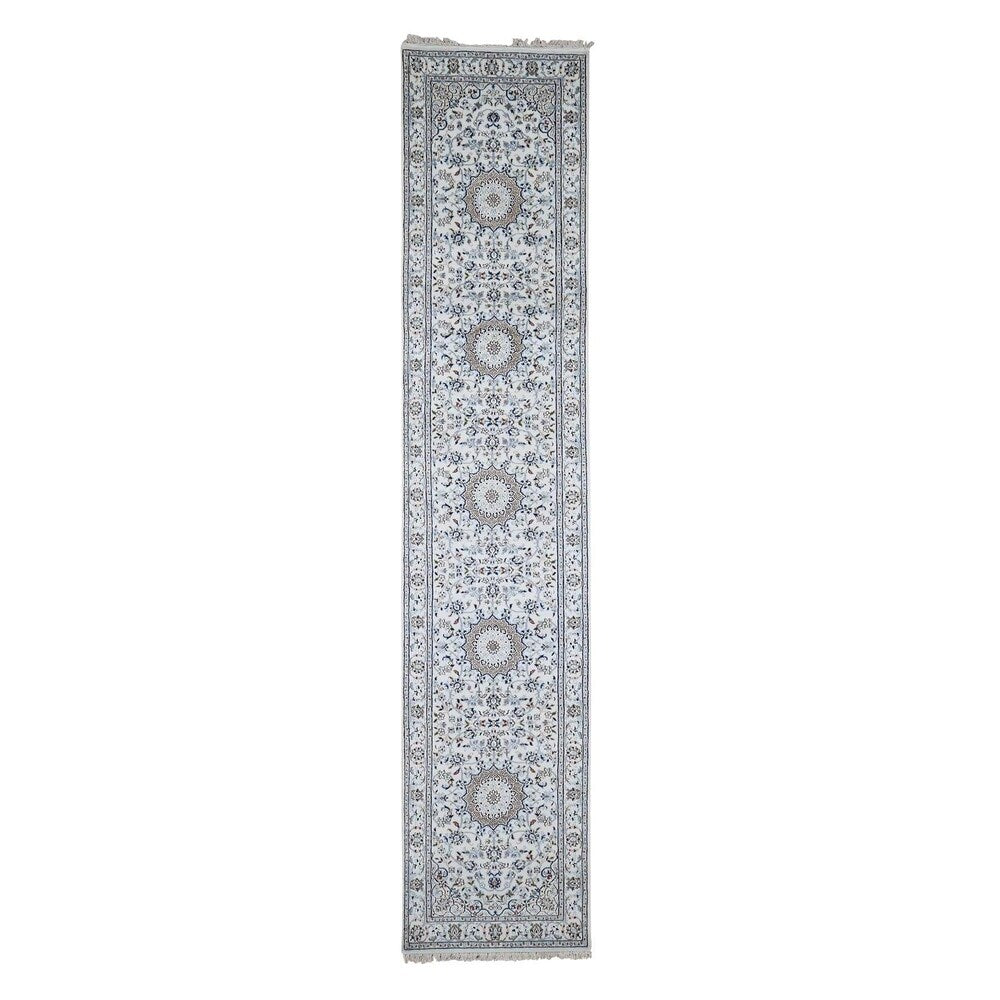 Shahbanu Rugs Wool And Silk 250 KPSI Ivory Nain Hand-Knotted Oriental Runner Rug (2'7" x 12'0") - 2'7" x 12'0"