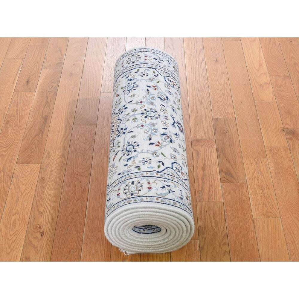Shahbanu Rugs Wool And Silk 250 KPSI Ivory Nain Hand-Knotted Oriental Runner Rug (2'7" x 12'0") - 2'7" x 12'0"