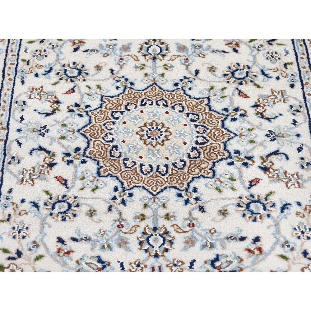 Shahbanu Rugs Wool And Silk 250 KPSI Ivory Nain Hand-Knotted Oriental Runner Rug (2'7" x 12'0") - 2'7" x 12'0"