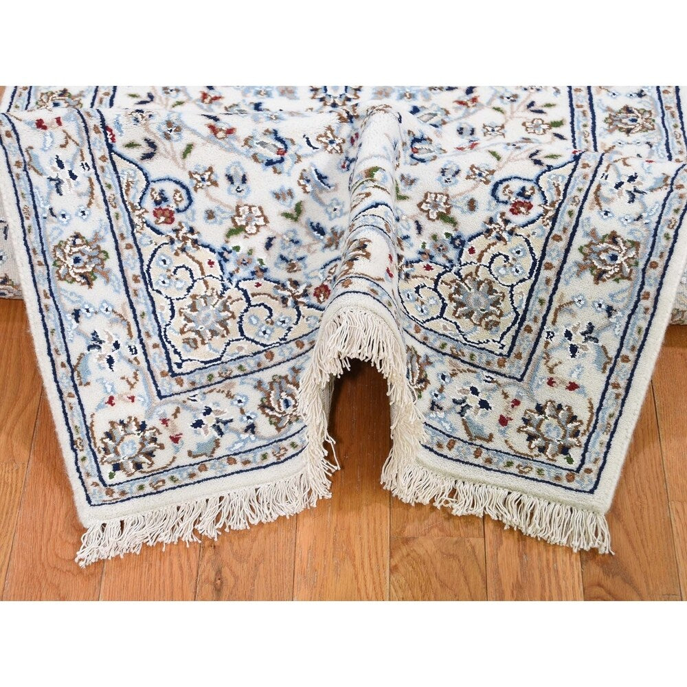 Shahbanu Rugs Wool And Silk 250 KPSI Ivory Nain Hand-Knotted Oriental Runner Rug (2'7" x 12'0") - 2'7" x 12'0"
