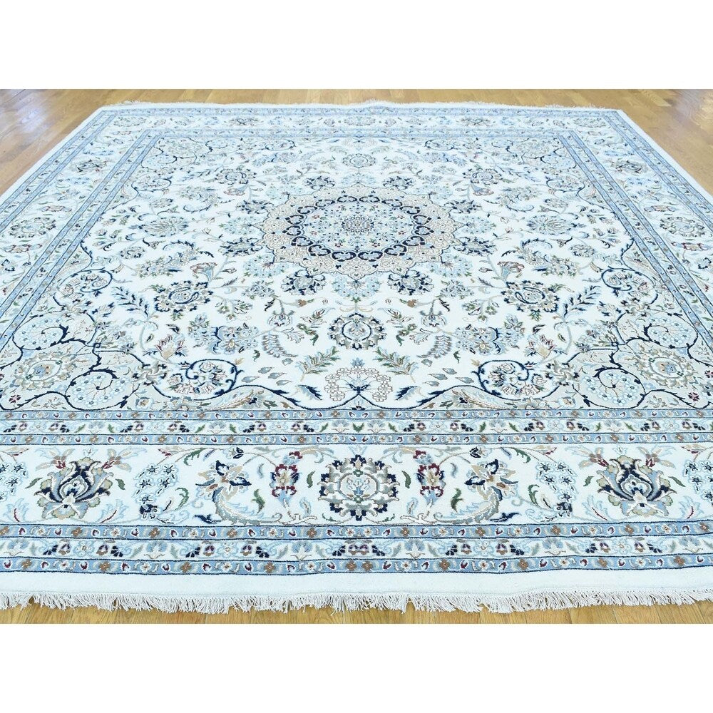 Shahbanu Rugs Wool And Silk 250 Kpsi Ivory Nain Hand-Knotted Square Rug (10'0" x 10'0") - 10'0" x 10'0"