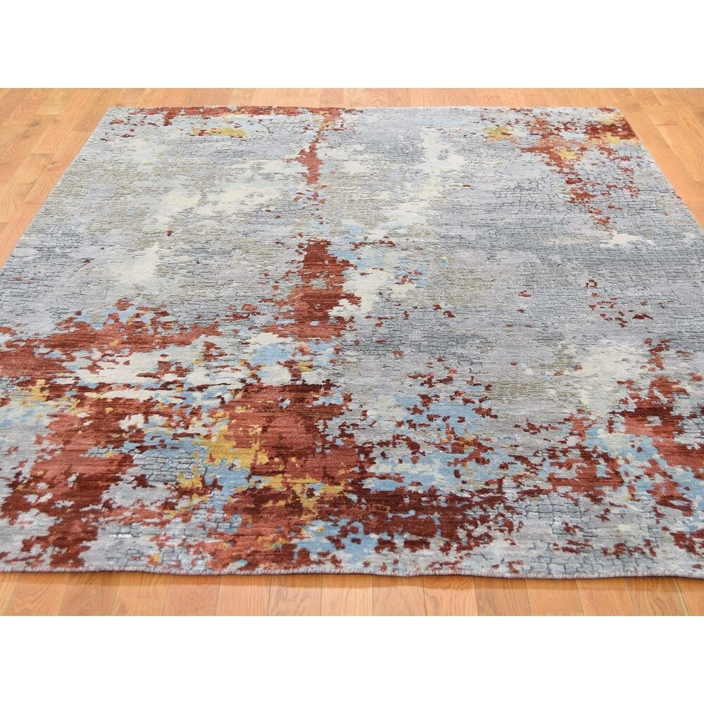 Shahbanu Rugs Wool And Silk Abstract With Fire Mosaic Design Hand-Knotted Rug (6'1" x 8'9") - 6'1" x 8'9"