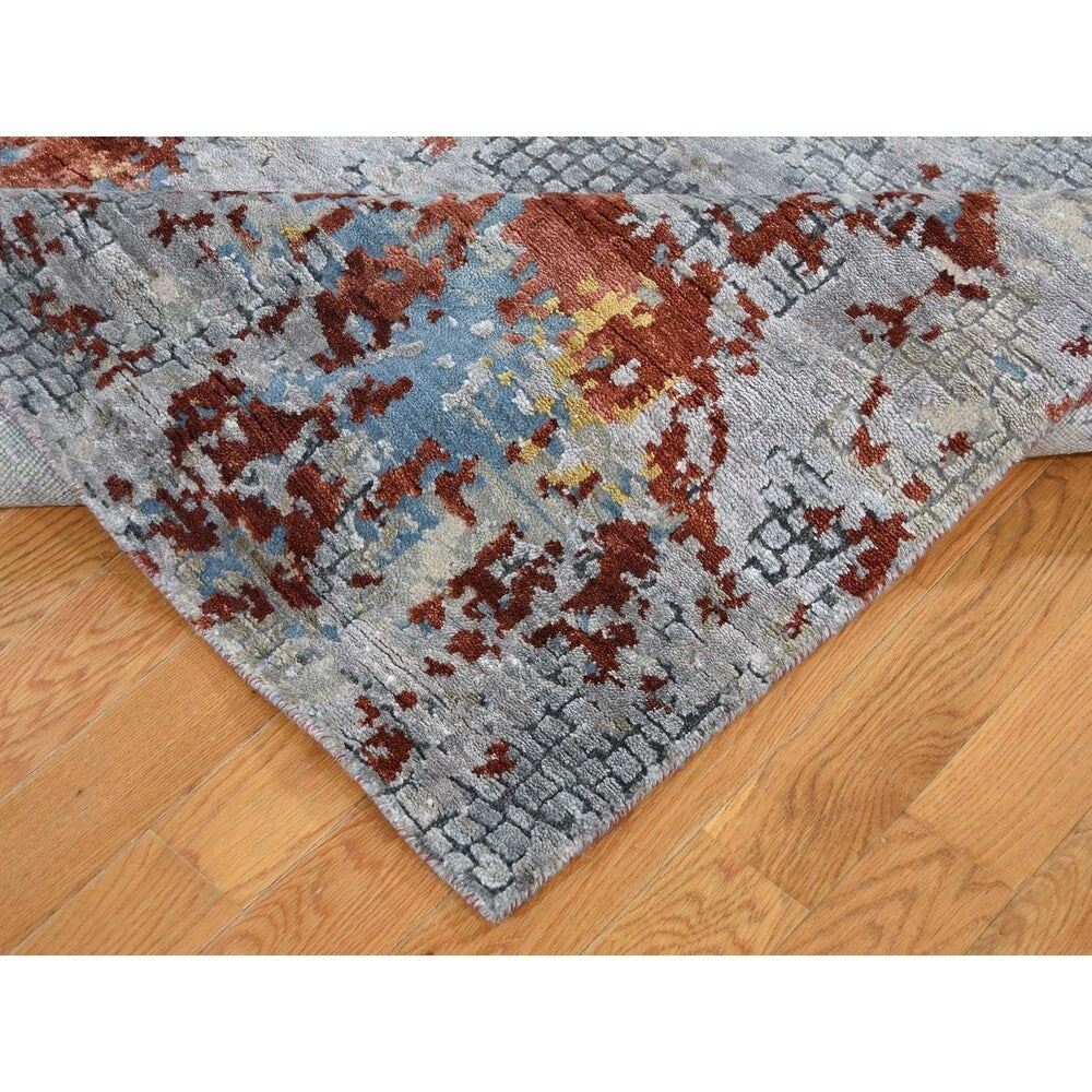 Shahbanu Rugs Wool And Silk Abstract With Fire Mosaic Design Hand-Knotted Rug (6'1" x 8'9") - 6'1" x 8'9"