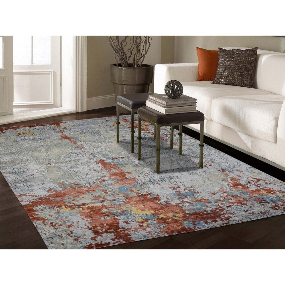 Shahbanu Rugs Wool And Silk Abstract With Fire Mosaic Design Hand-Knotted Rug (6'1" x 8'9") - 6'1" x 8'9"