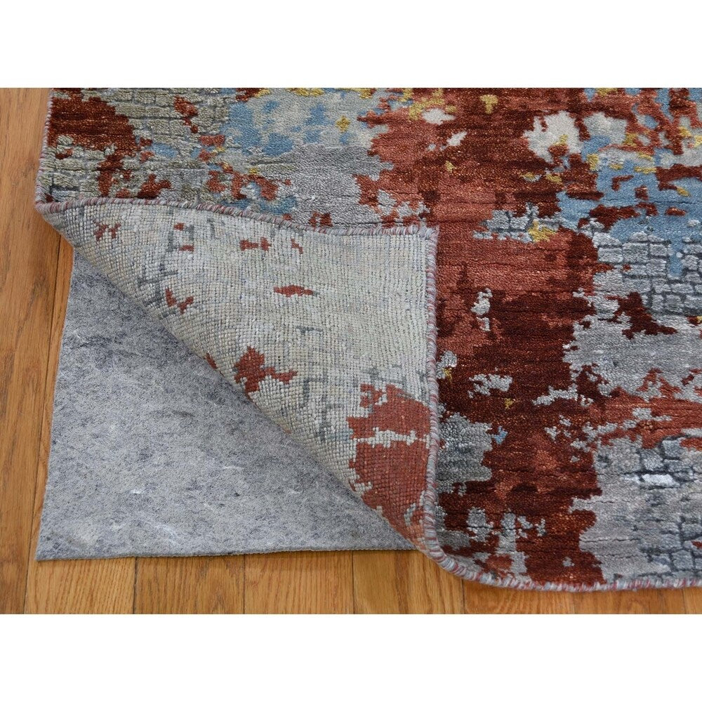 Shahbanu Rugs Wool And Silk Abstract With Fire Mosaic Design Hand-Knotted Rug (6'1" x 8'9") - 6'1" x 8'9"