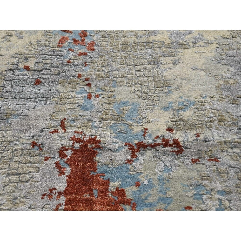 Shahbanu Rugs Wool And Silk Abstract With Fire Mosaic Design Hand-Knotted Rug (6'1" x 8'9") - 6'1" x 8'9"