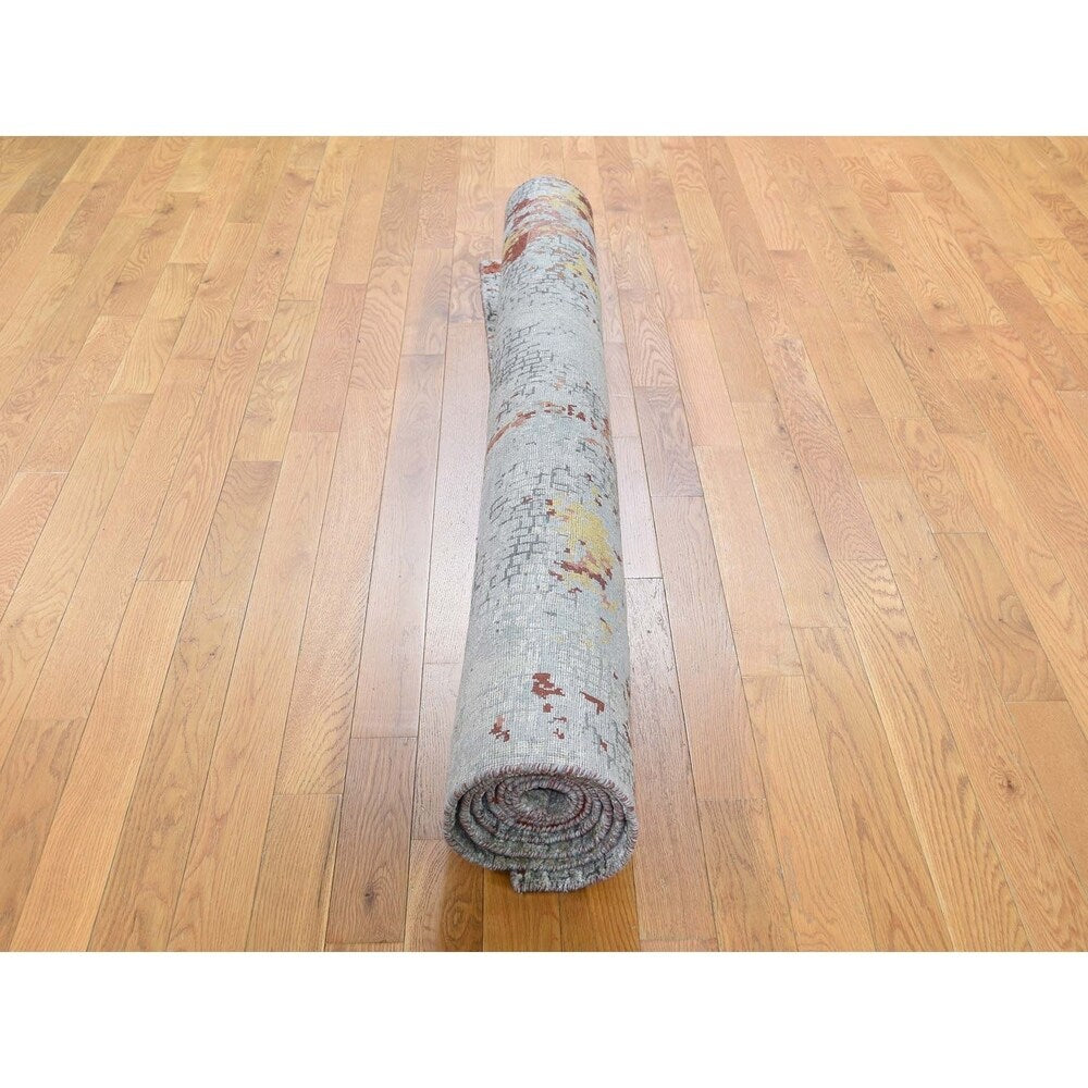 Shahbanu Rugs Wool And Silk Abstract With Fire Mosaic Design Hand-Knotted Rug (6'1" x 8'9") - 6'1" x 8'9"