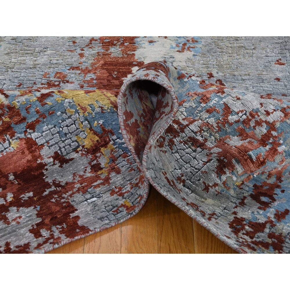 Shahbanu Rugs Wool And Silk Abstract With Fire Mosaic Design Hand-Knotted Rug (6'1" x 8'9") - 6'1" x 8'9"