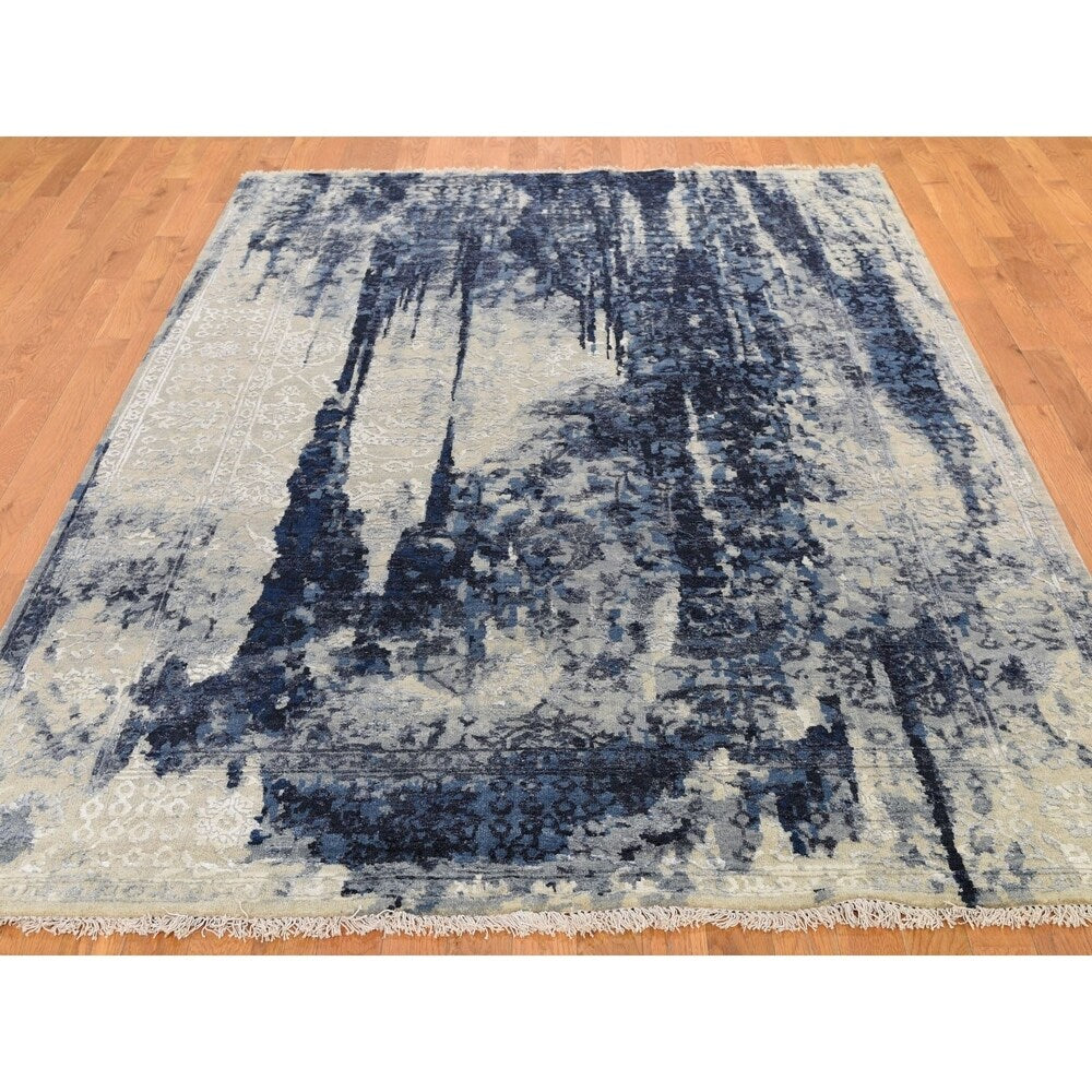 Shahbanu Rugs Wool And Silk Shibori Design Tone On Tone Hand Knotted Oriental Rug (6'0" x 8'10") - 6'0" x 8'10"