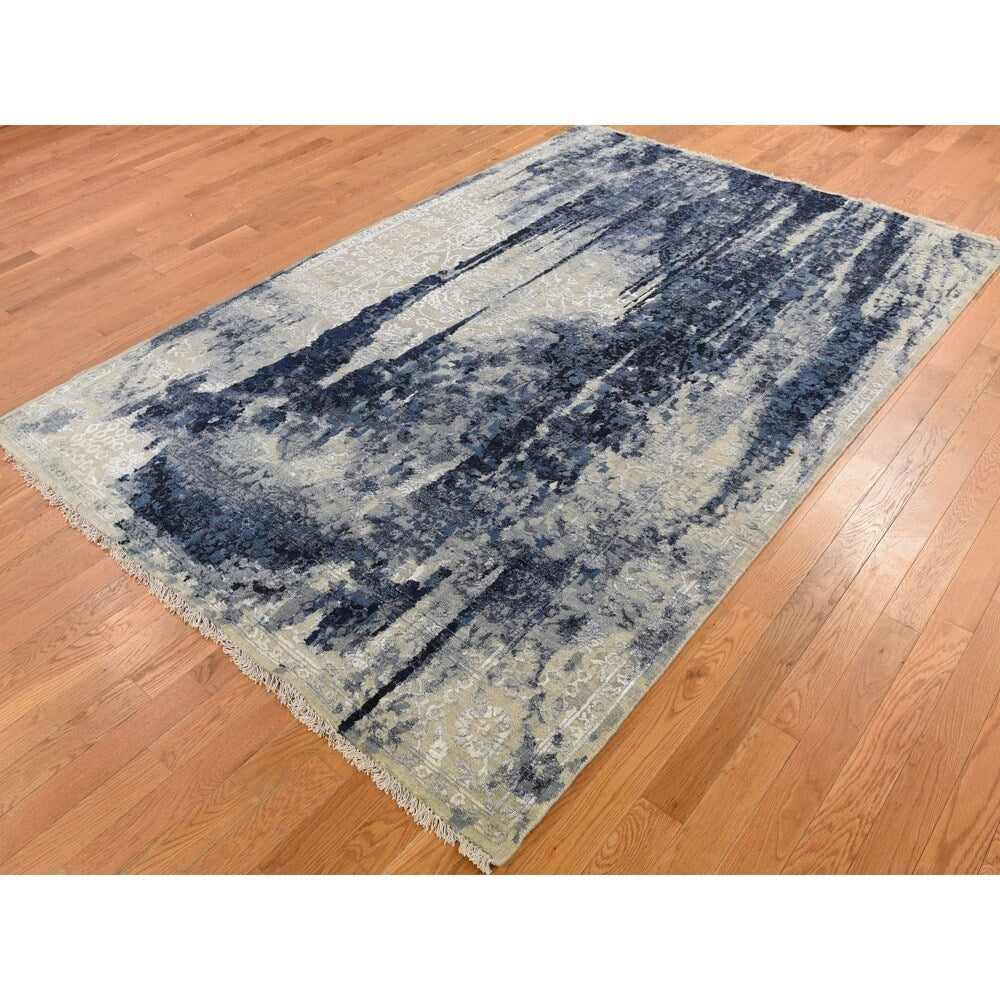 Shahbanu Rugs Wool And Silk Shibori Design Tone On Tone Hand Knotted Oriental Rug (6'0" x 8'10") - 6'0" x 8'10"