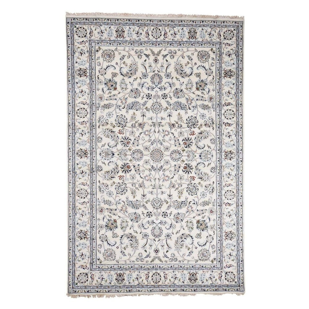 Shahbanu Rugs Wool and Silk 300 Kpsi Ivory Nain Hand-Knotted Oriental Rug - 6'0" x 9'4"