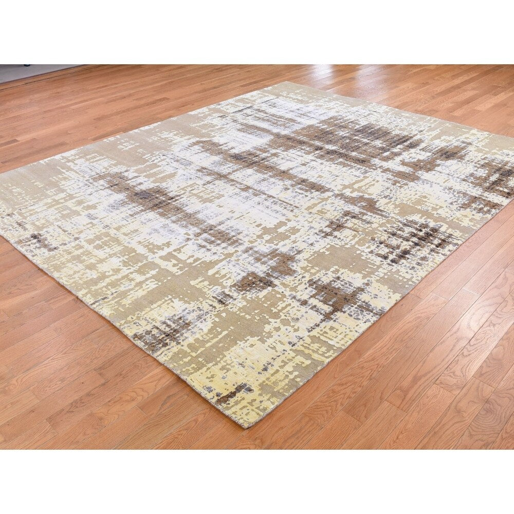 Shahbanu Rugs Yellow Abstract Design Silk with Textured Wool Hand Knotted Oriental Rug (8'0" x 9'10") - 8'0" x 9'10"