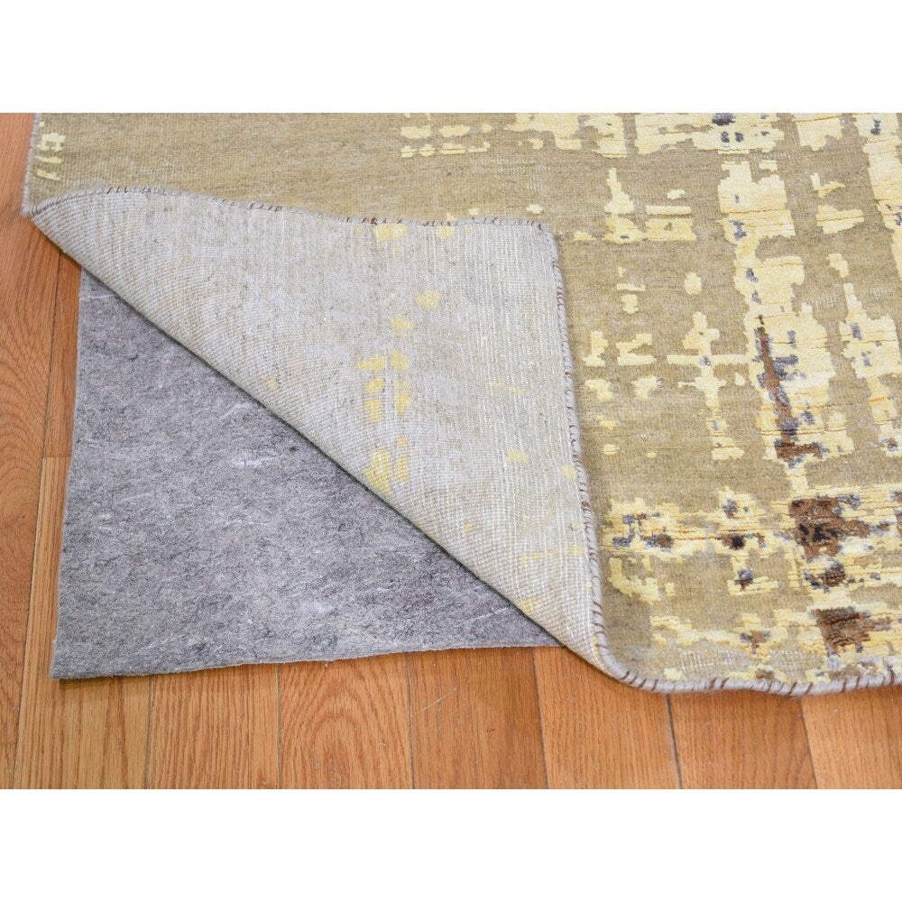Shahbanu Rugs Yellow Abstract Design Silk with Textured Wool Hand Knotted Oriental Rug (8'0" x 9'10") - 8'0" x 9'10"
