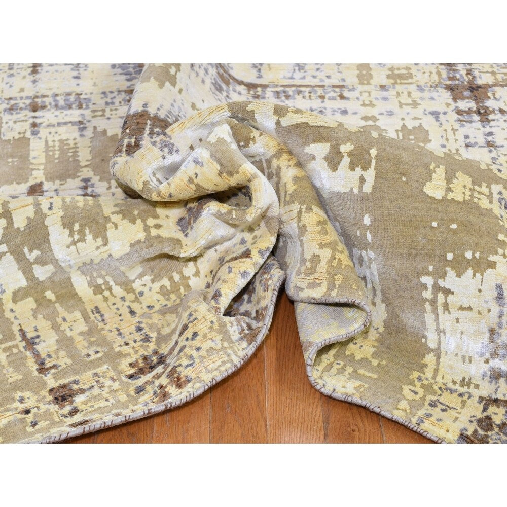 Shahbanu Rugs Yellow Abstract Design Silk with Textured Wool Hand Knotted Oriental Rug (8'0" x 9'10") - 8'0" x 9'10"