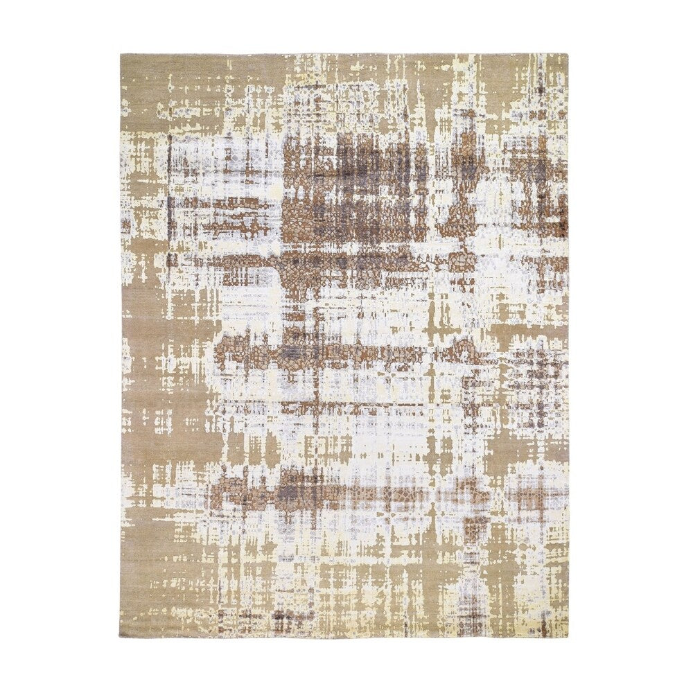Shahbanu Rugs Yellow Abstract Design Silk with Textured Wool Hand Knotted Oriental Rug (8'0" x 9'10") - 8'0" x 9'10"