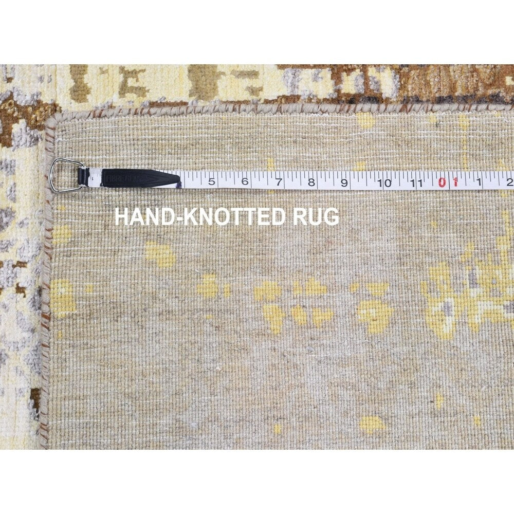 Shahbanu Rugs Yellow Abstract Design Silk with Textured Wool Hand Knotted Oriental Rug (8'0" x 9'10") - 8'0" x 9'10"