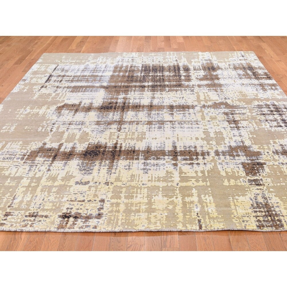 Shahbanu Rugs Yellow Abstract Design Silk with Textured Wool Hand Knotted Oriental Rug (8'0" x 9'10") - 8'0" x 9'10"