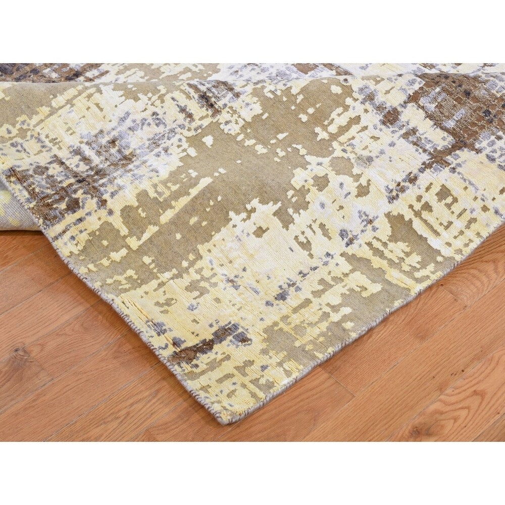 Shahbanu Rugs Yellow Abstract Design Silk with Textured Wool Hand Knotted Oriental Rug (8'0" x 9'10") - 8'0" x 9'10"