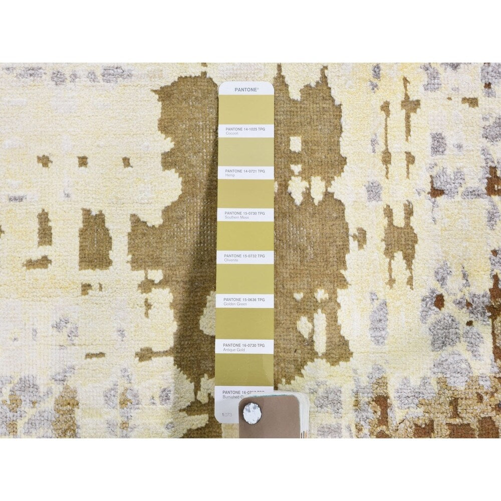 Shahbanu Rugs Yellow Abstract Design Silk with Textured Wool Hand Knotted Oriental Rug (8'0" x 9'10") - 8'0" x 9'10"
