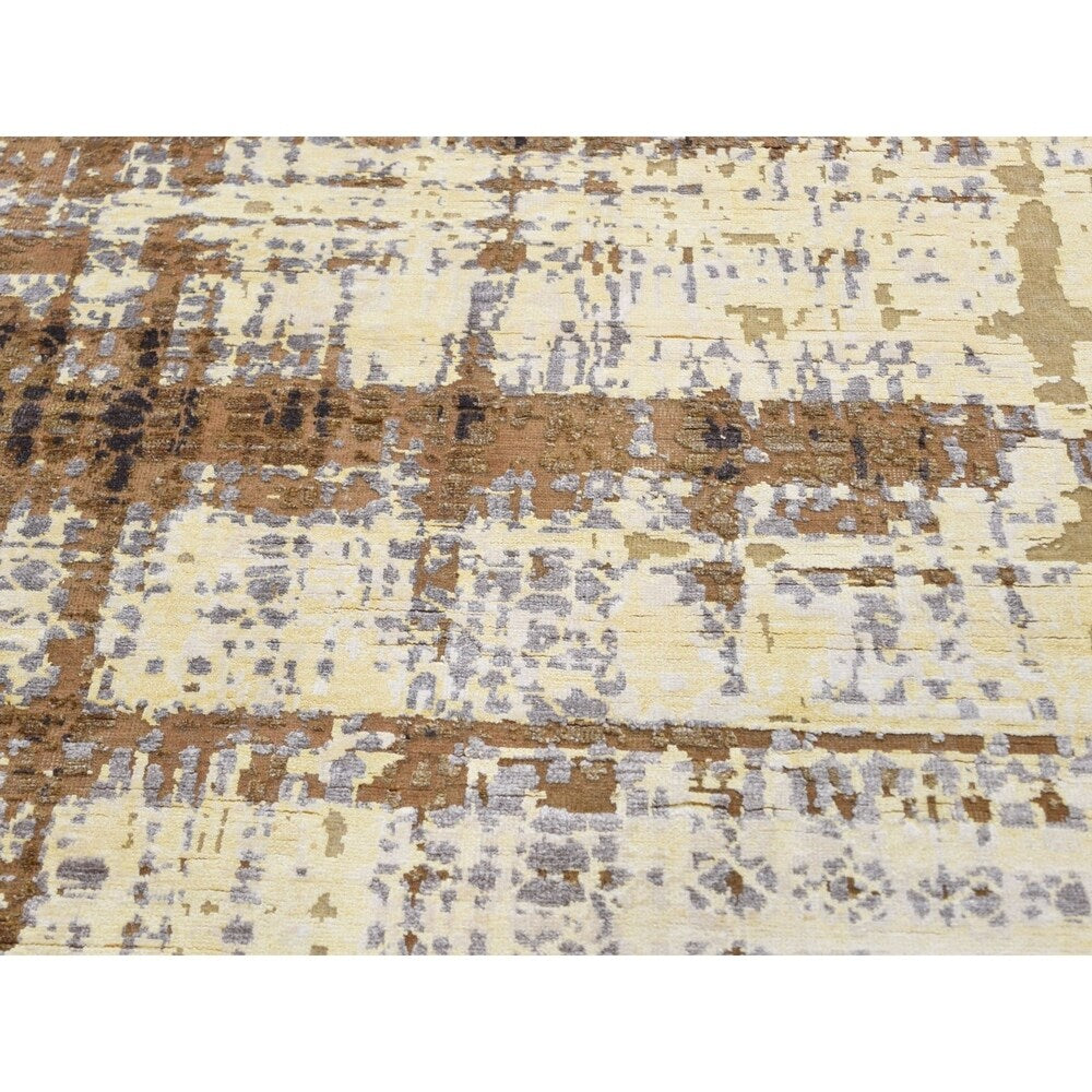 Shahbanu Rugs Yellow Abstract Design Silk with Textured Wool Hand Knotted Oriental Rug (8'0" x 9'10") - 8'0" x 9'10"