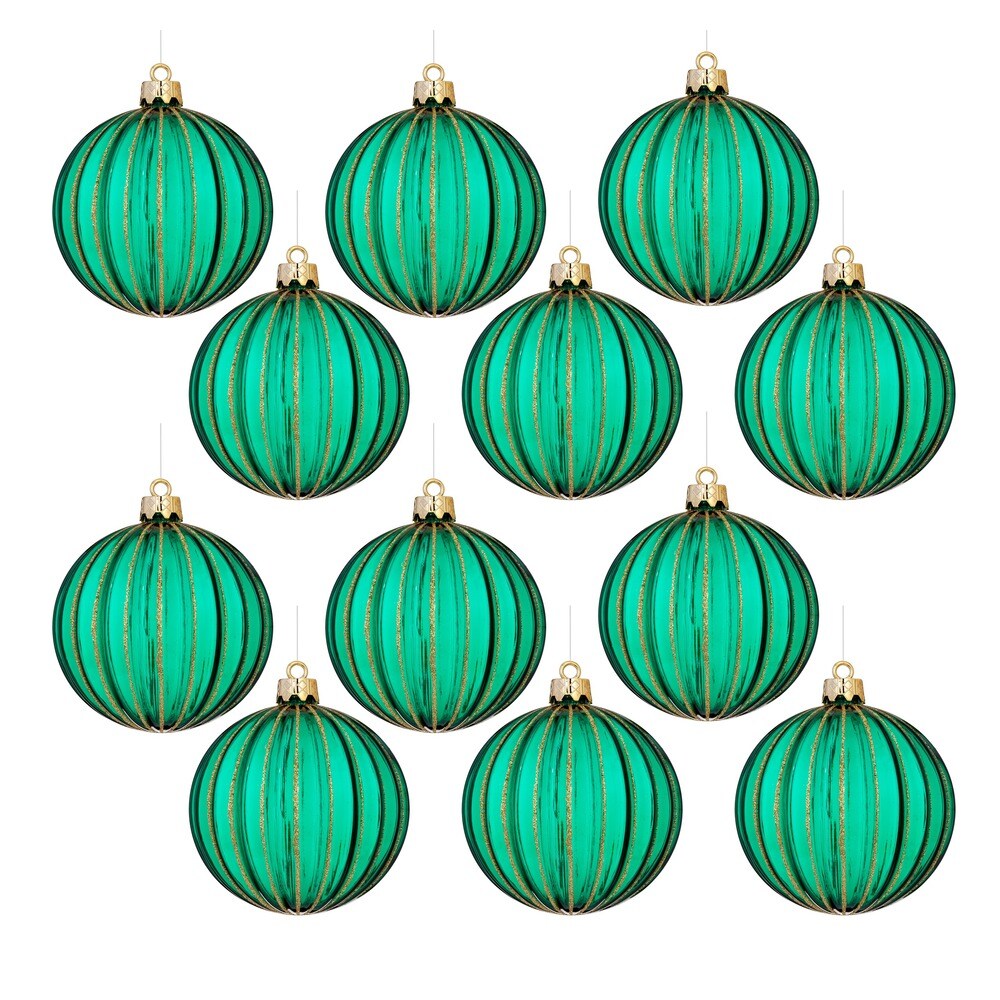 Shatterproof Rib Ball 4.75-inch Green Ornament (Set of 12)