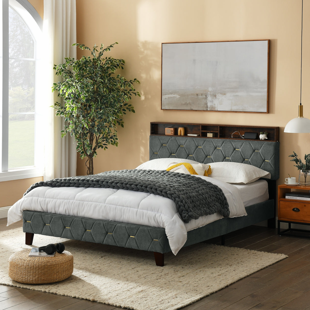 Shelf Upholstered Headboard, Platform Bed with Outlet & USB Ports