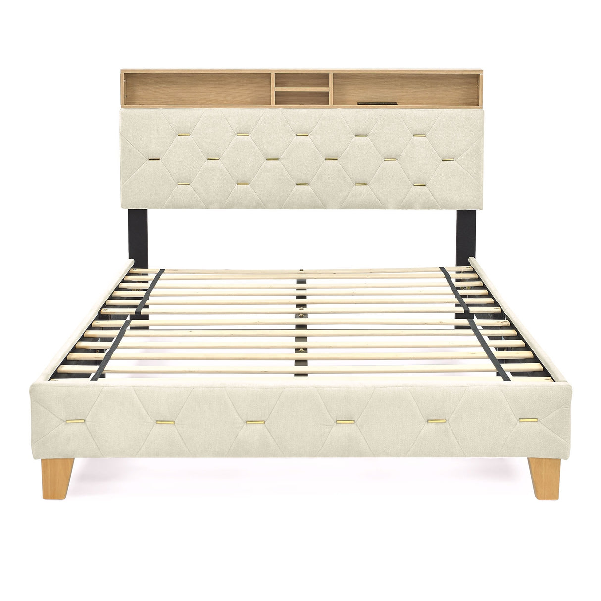Shelf Upholstered Headboard, Platform Bed with Outlet & USB Ports