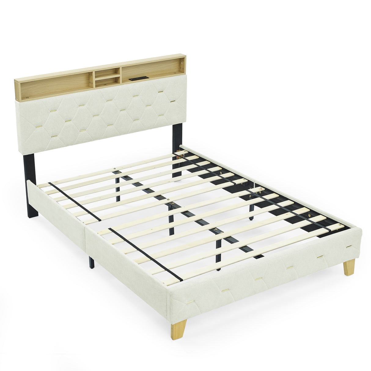 Shelf Upholstered Headboard, Platform Bed with Outlet & USB Ports