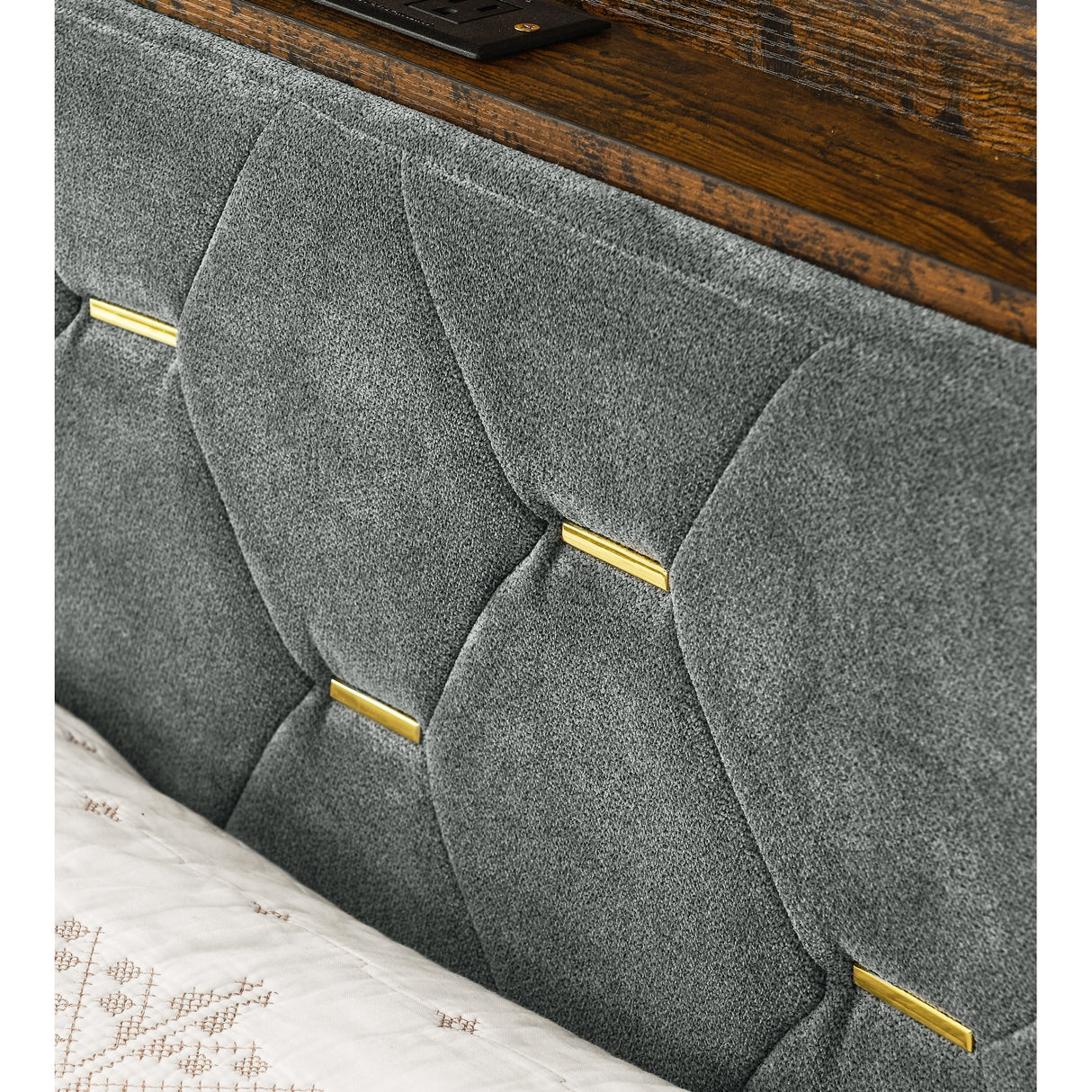 Shelf Upholstered Headboard, Platform Bed with Outlet & USB Ports