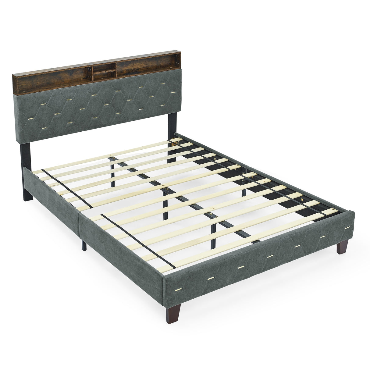 Shelf Upholstered Headboard, Platform Bed with Outlet & USB Ports