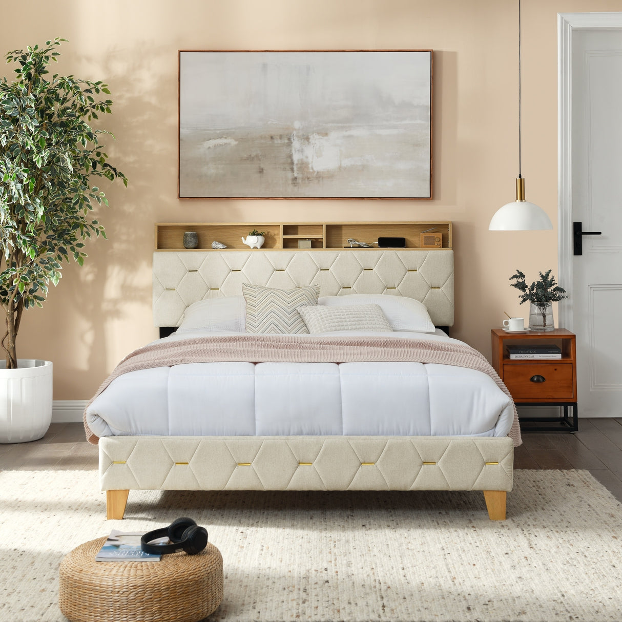 Shelf Upholstered Headboard, Platform Bed with Outlet & USB Ports