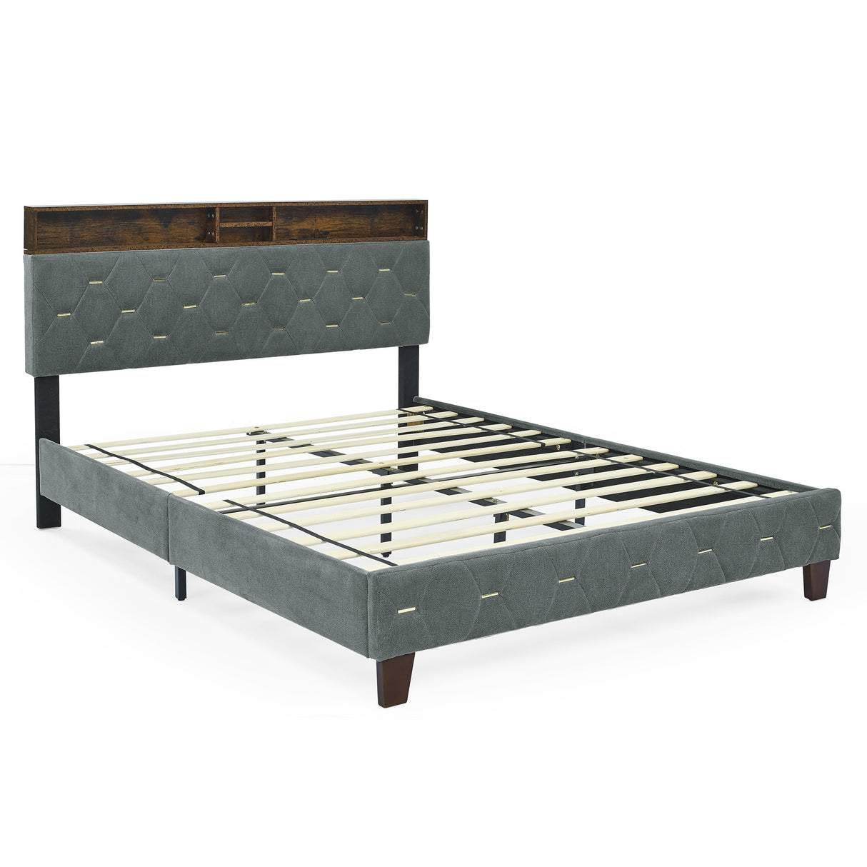 Shelf Upholstered Headboard, Platform Bed with Outlet & USB Ports