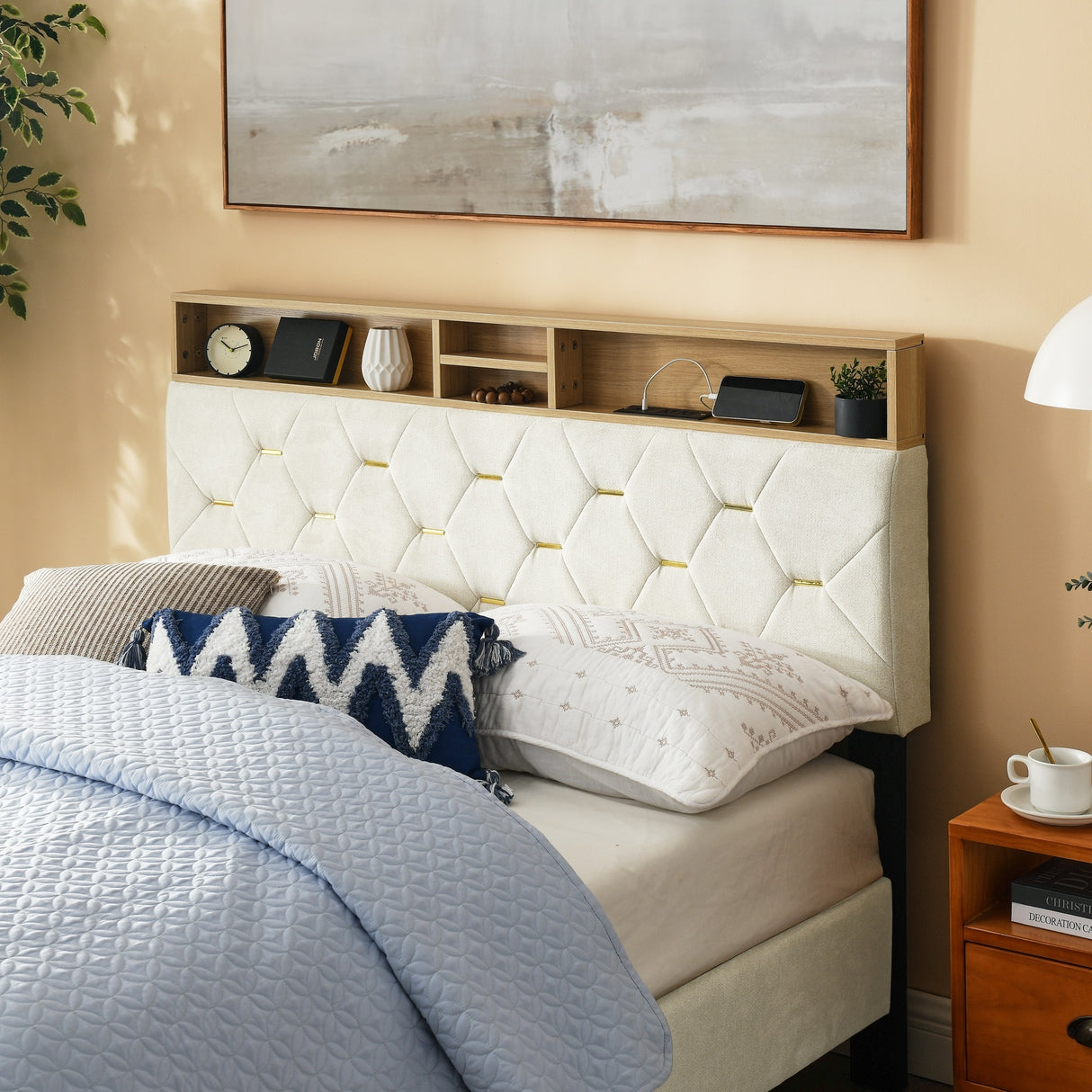 Shelf Upholstered Headboard, Platform Bed with Outlet & USB Ports