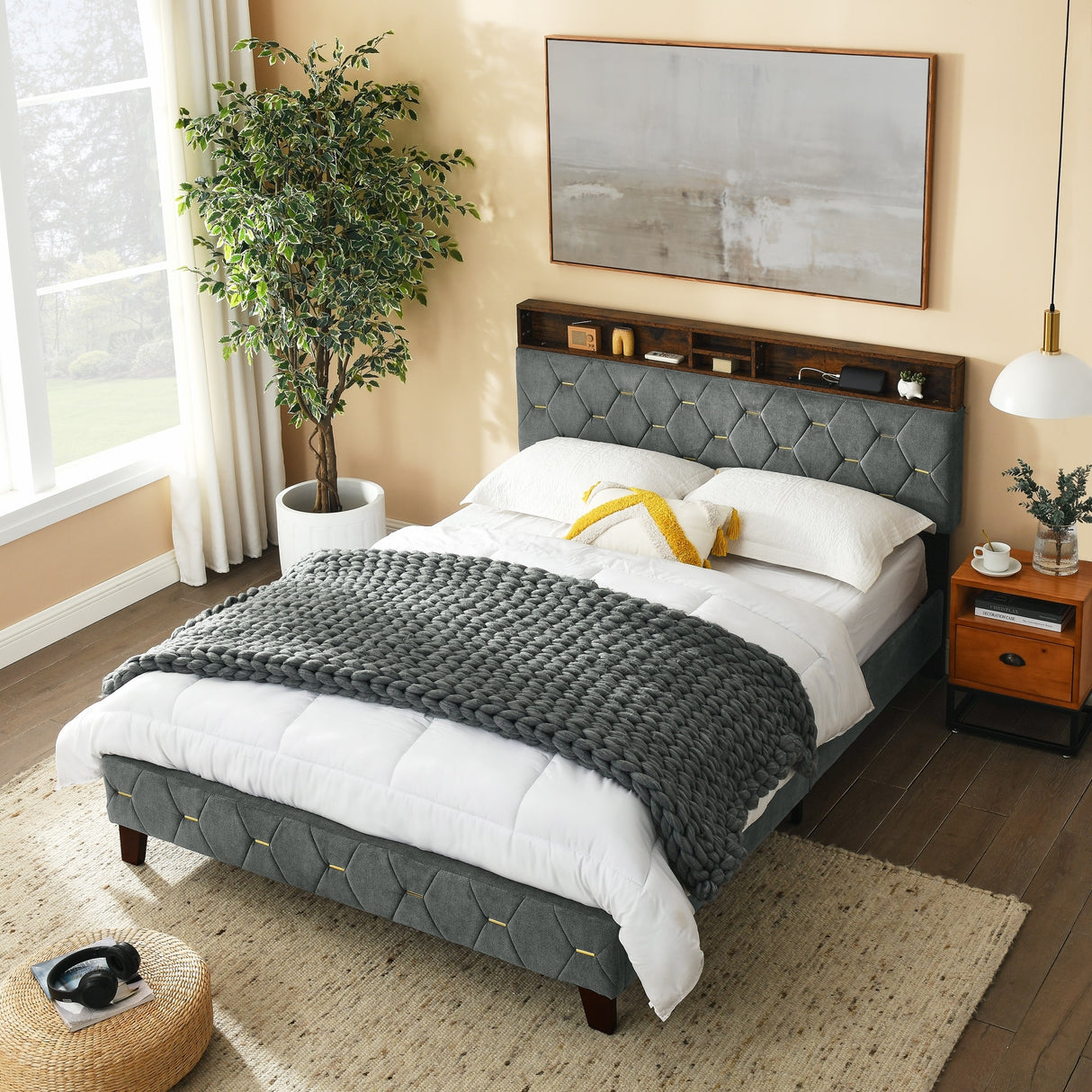 Shelf Upholstered Headboard, Platform Bed with Outlet & USB Ports