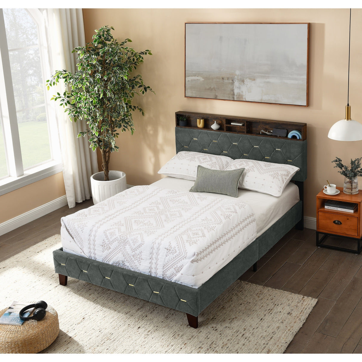 Shelf Upholstered Headboard, Platform Bed with Outlet & USB Ports