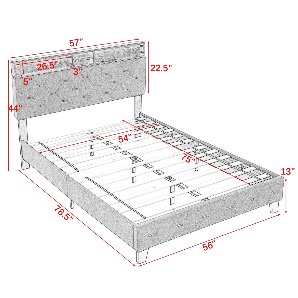 Shelf Upholstered Headboard, Platform Bed with Outlet & USB Ports