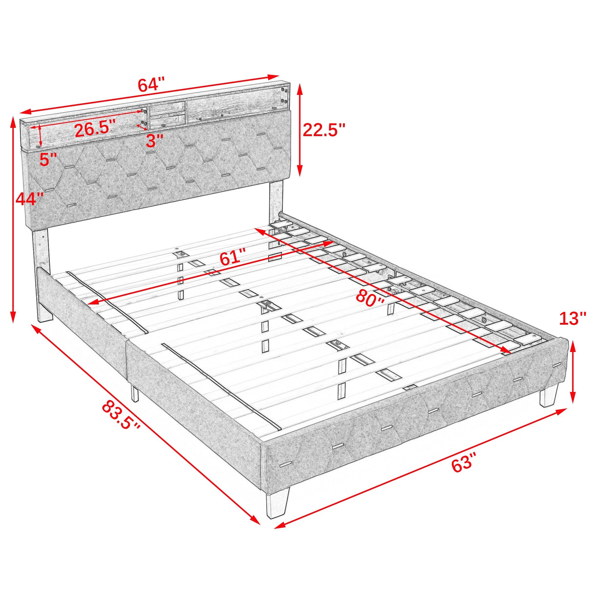 Shelf Upholstered Headboard, Platform Bed with Outlet & USB Ports