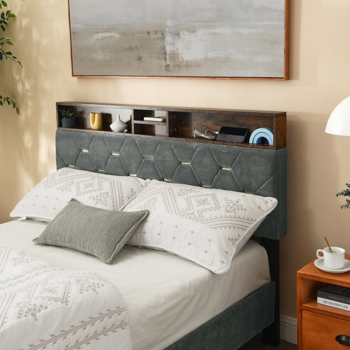 Shelf Upholstered Headboard, Platform Bed with Outlet & USB Ports