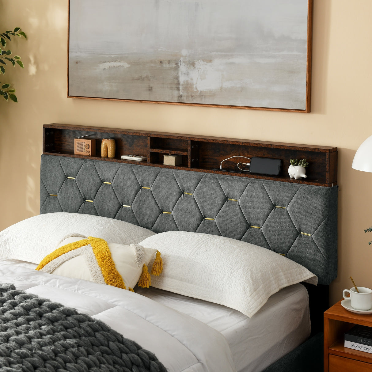 Shelf Upholstered Headboard, Platform Bed with Outlet & USB Ports