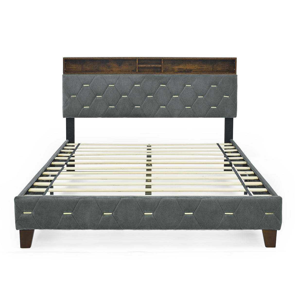 Shelf Upholstered Headboard, Platform Bed with Outlet & USB Ports