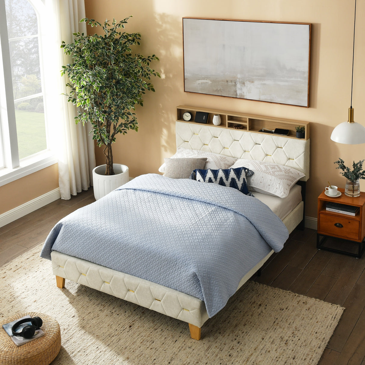 Shelf Upholstered Headboard, Platform Bed with Outlet & USB Ports