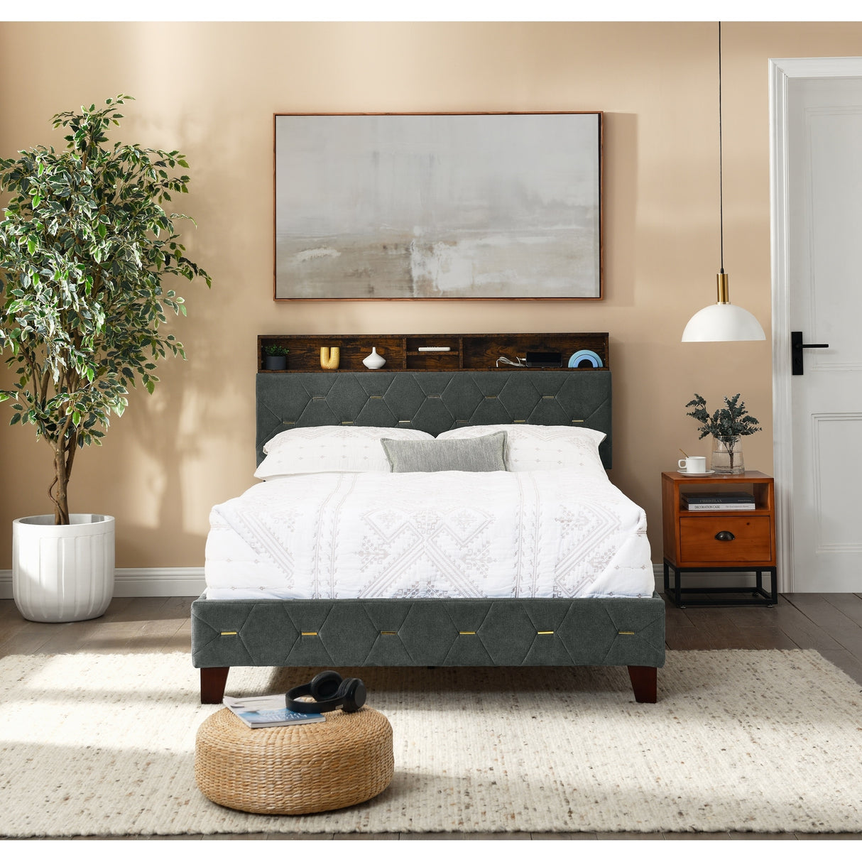 Shelf Upholstered Headboard, Platform Bed with Outlet & USB Ports
