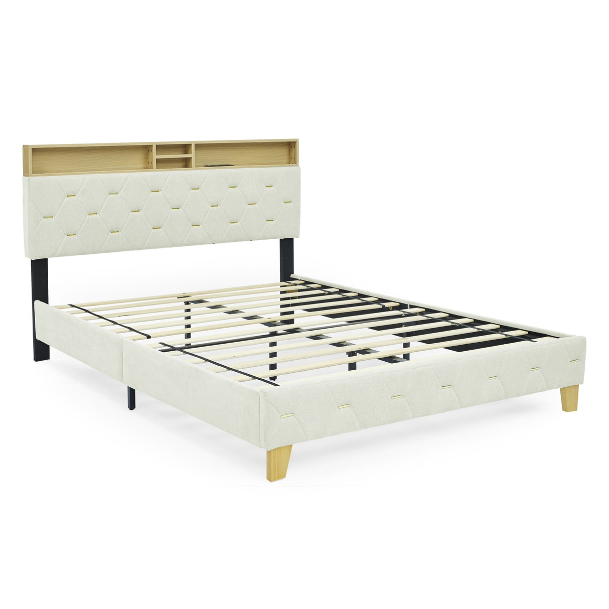 Shelf Upholstered Headboard, Platform Bed with Outlet & USB Ports