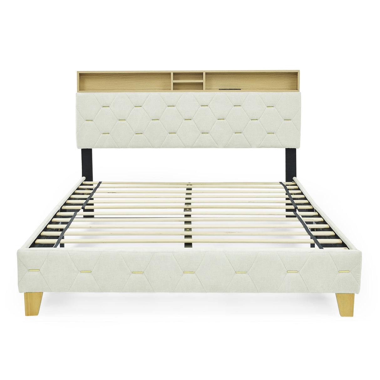 Shelf Upholstered Headboard, Platform Bed with Outlet & USB Ports