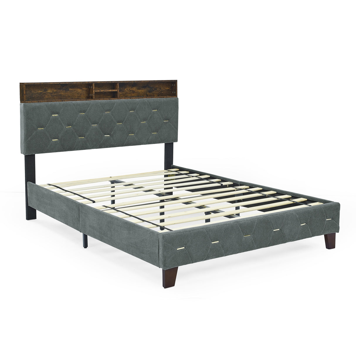 Shelf Upholstered Headboard, Platform Bed with Outlet & USB Ports