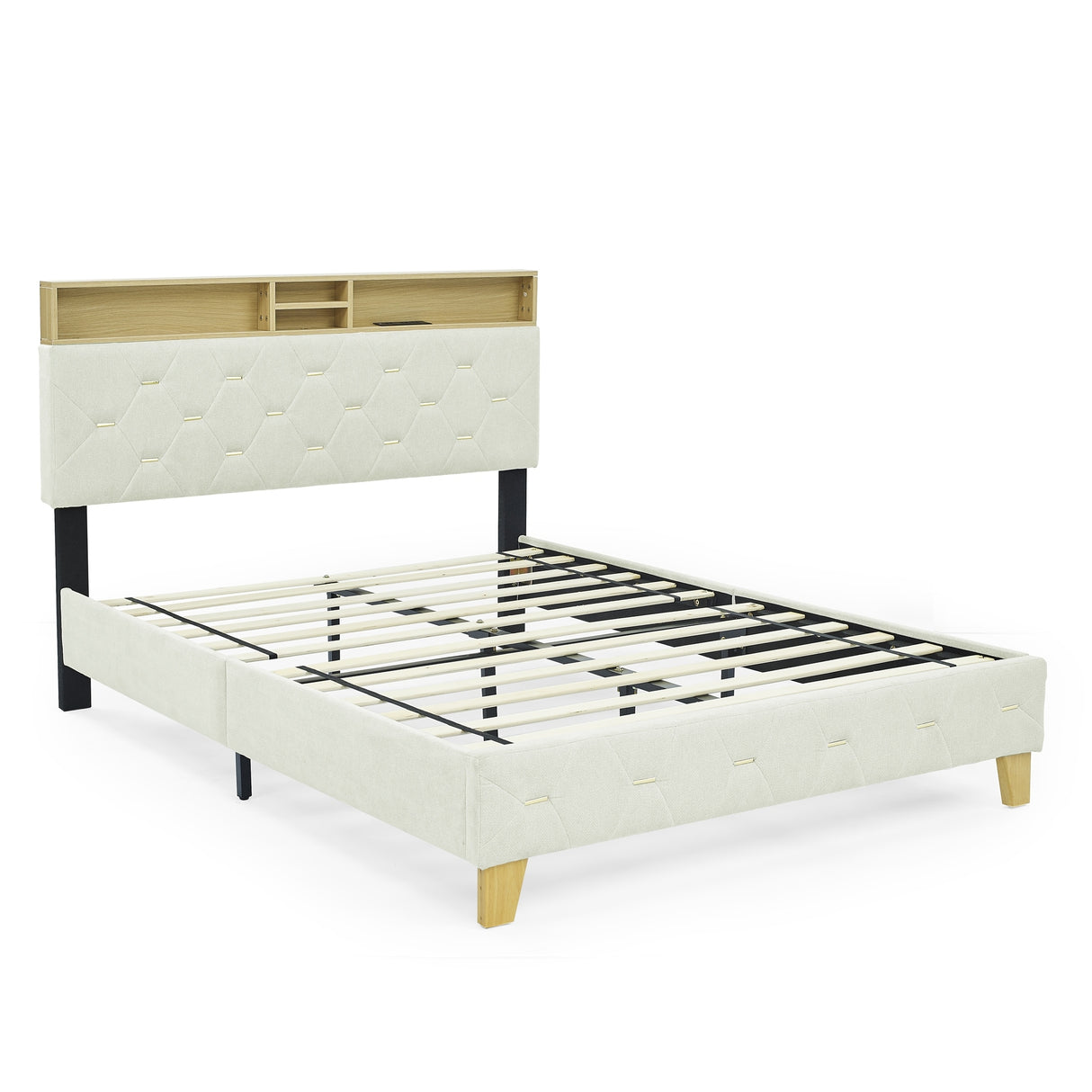 Shelf Upholstered Headboard, Platform Bed with Outlet & USB Ports