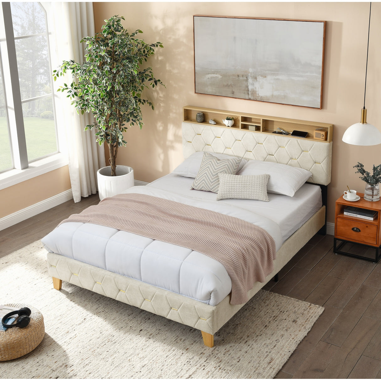 Shelf Upholstered Headboard, Platform Bed with Outlet & USB Ports