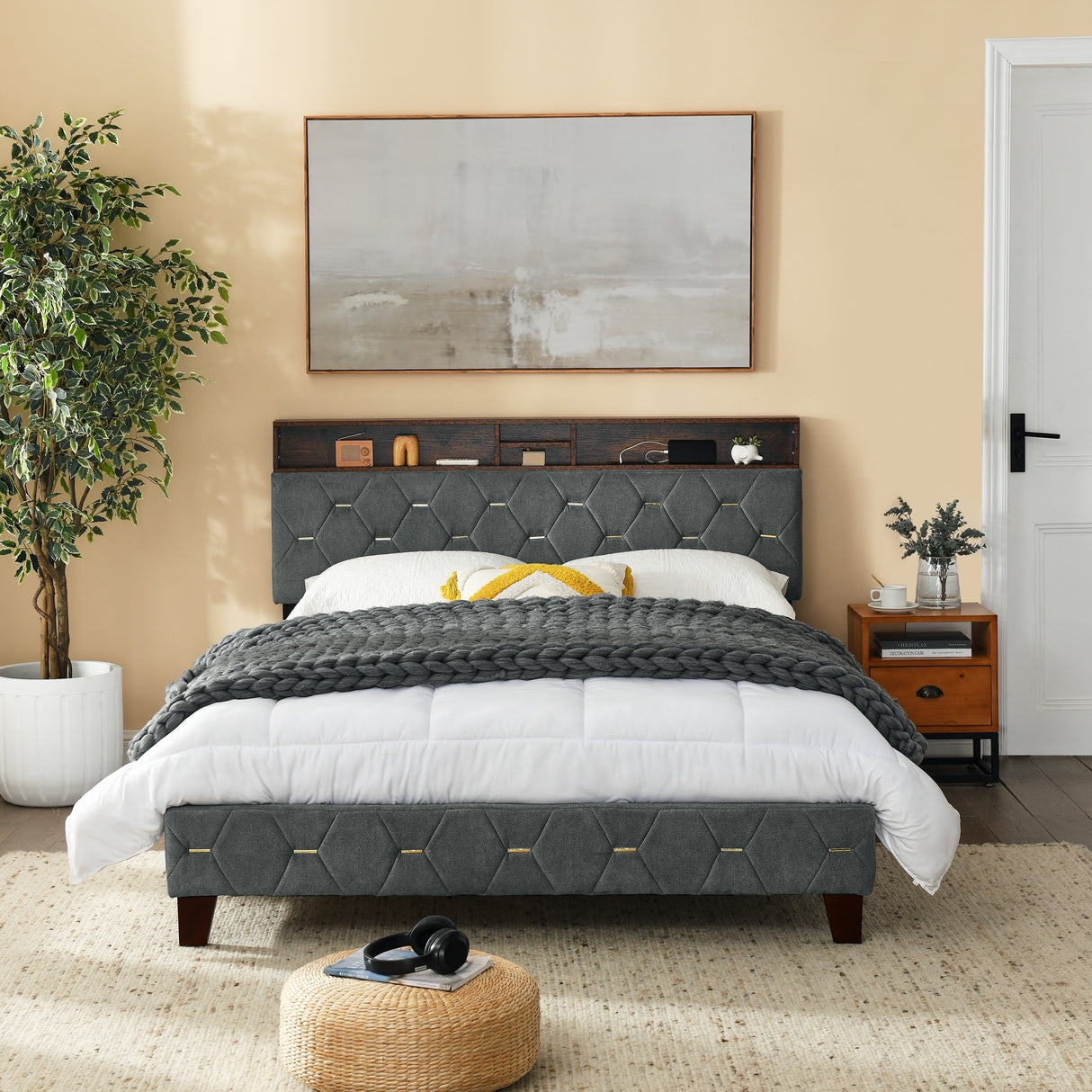 Shelf Upholstered Headboard, Platform Bed with Outlet & USB Ports